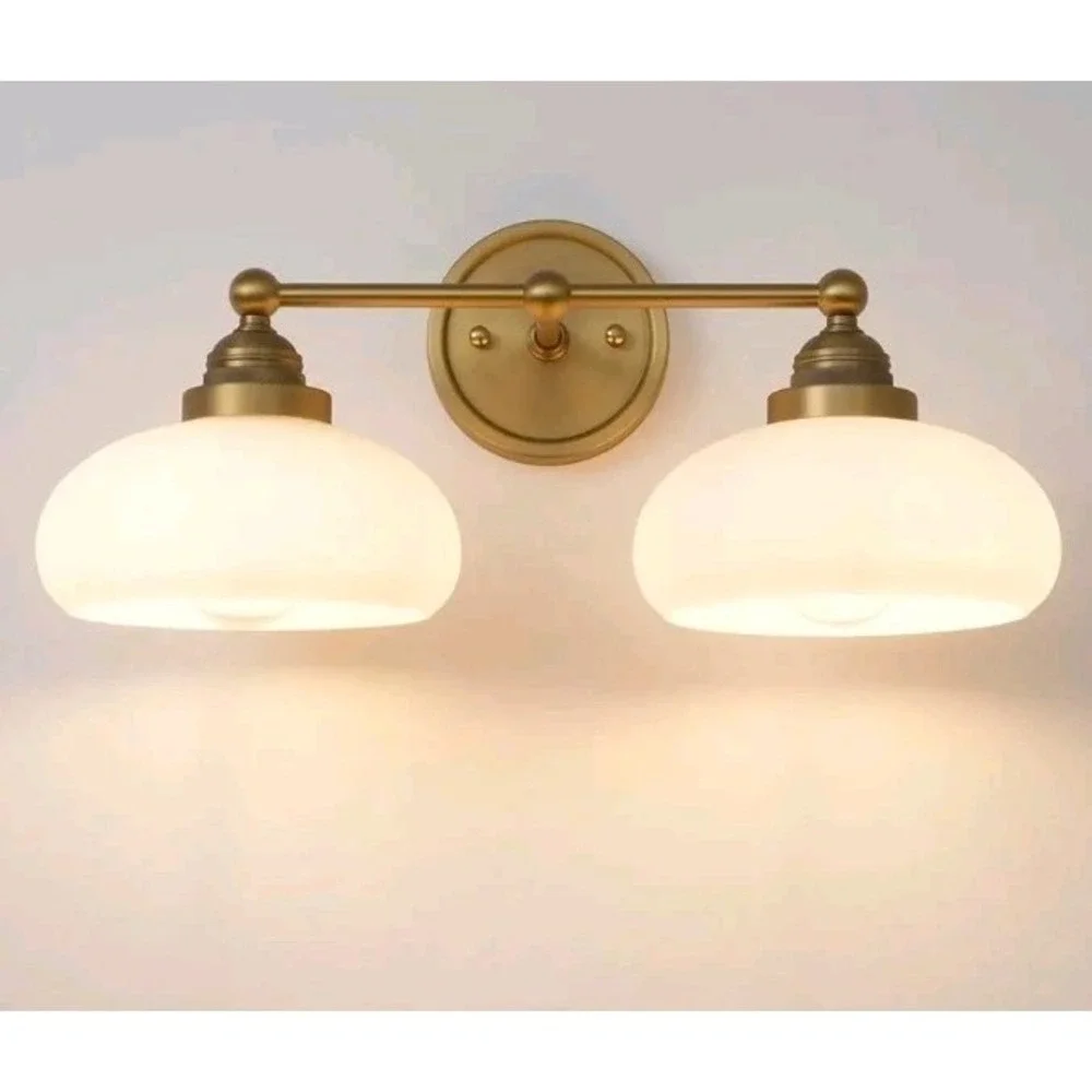 2-Lights Milk White Glass Wall Sconce Lighting Brass Finished, Double Arm Bat...
